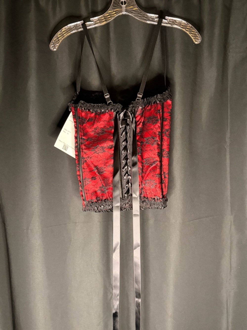 Elegant Black Lace Trim RedBustier Corset Top w/matching thong-Women Intimates - Picture 9 of 12
